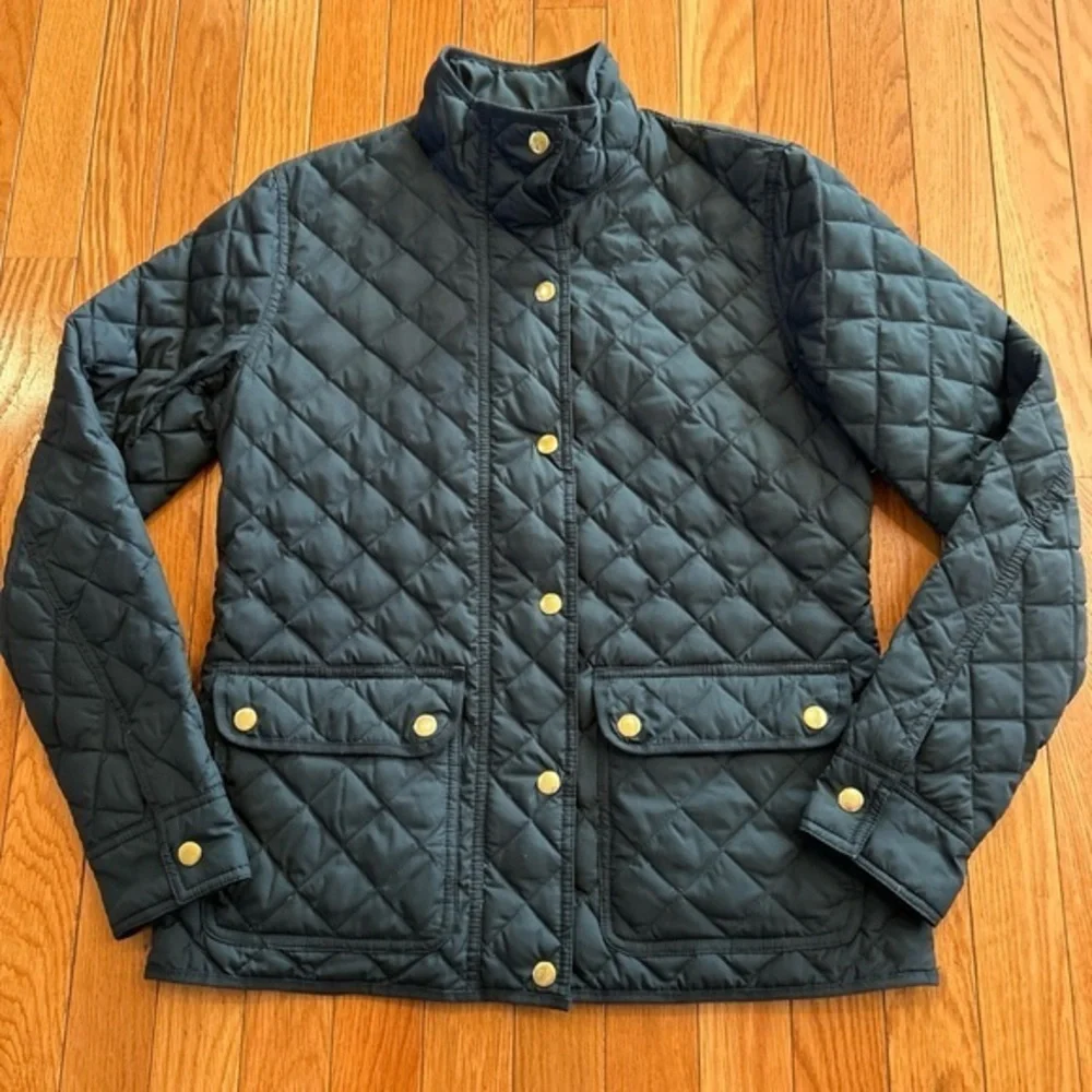 JCrew Quilted Puffer Jacket Full Zipper Snap Gold Button Front Womens XS Black - Picture 1 of 9